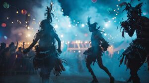 Three men dressed in indians costumes dancing on a festival in Iowa