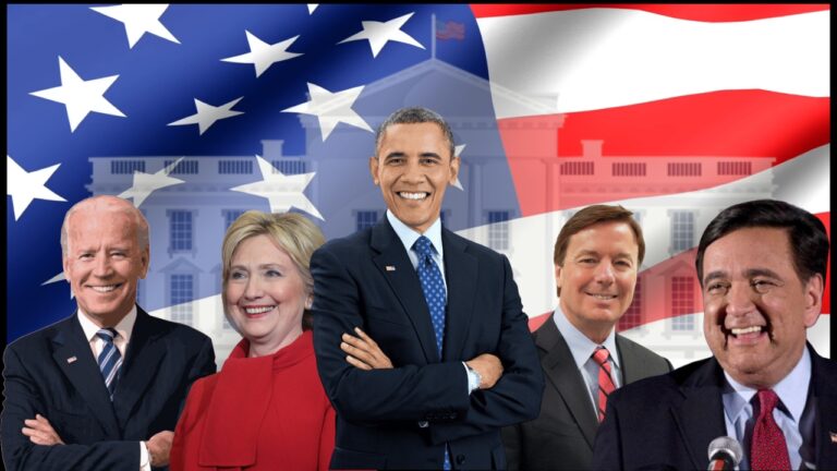 Group photo of prominent American politicians in front of the U.S. flag, including Barack Obama, Joe Biden, Hillary Clinton, John Edwards, Bill Richardson