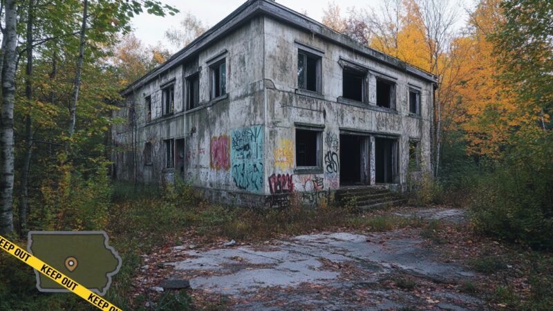 abandoned, graffiti-covered two-story building surrounded by overgrown vegetation and trees with autumn leaves, giving off an eerie and deserted atmosphere