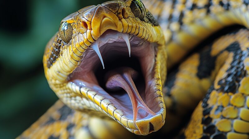 Close-up of a yellow and black snake with its mouth wide open, showing sharp fangs and tongue.