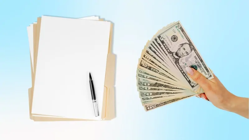 A Folder with Blank Papers and A Pen Next to A Hand Holding a Stack of Cash, Symbolizing the Decision Between Leasing or Buying