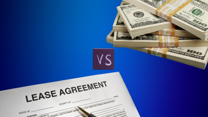 Lease Agreement versus Buying Decision Represented by A Contract and A Stack of Cash