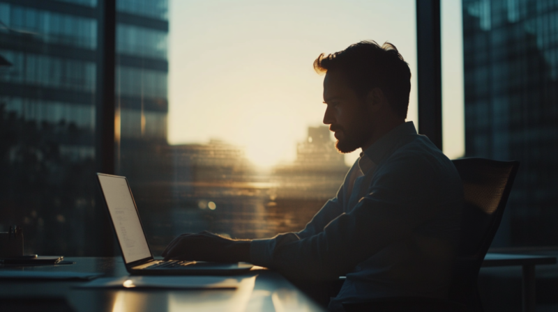 A Man Working at His Laptop in A Modern Office at Sunset, Evaluating Lease or Buy Decisions for Business Strategy