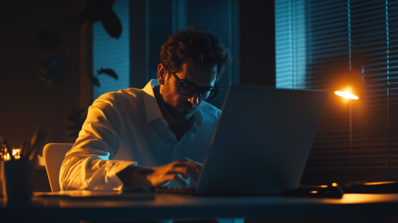 A Man Working Late at His Desk, Researching the Benefits of Leasing as A Financial Decision